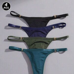 VKME 4Pcs/Set Low Rise Solid Color Metal Thong Panties Underwear Multicolor/4(S)